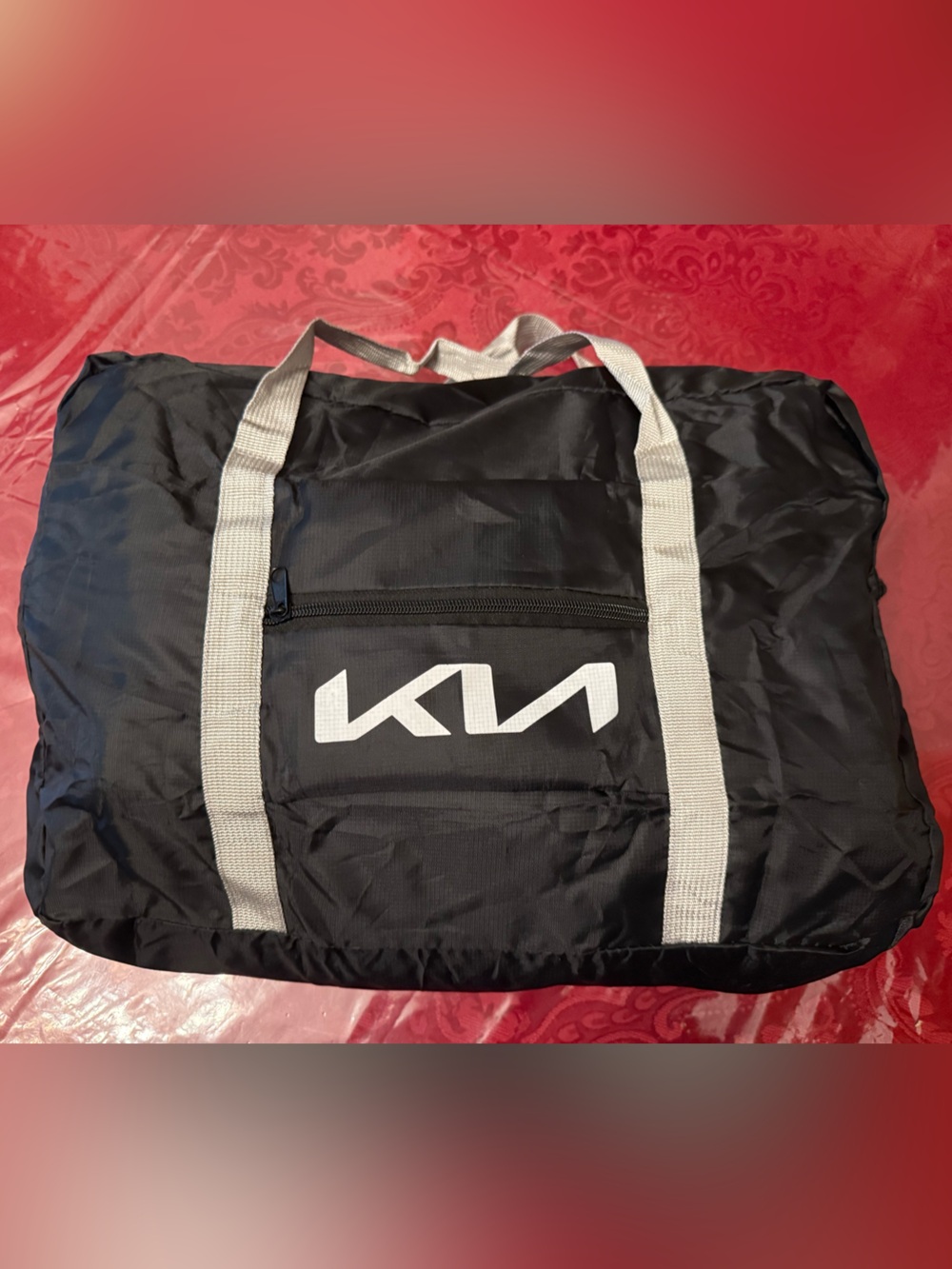 KIA Branded Black Foldable Travel Duffle Bag with Gray Straps